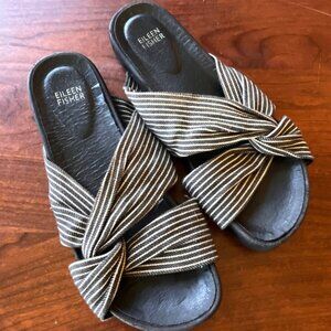 Eileen Fisher Pal Canvas Stripe Slide Black and White - Size. 8‎